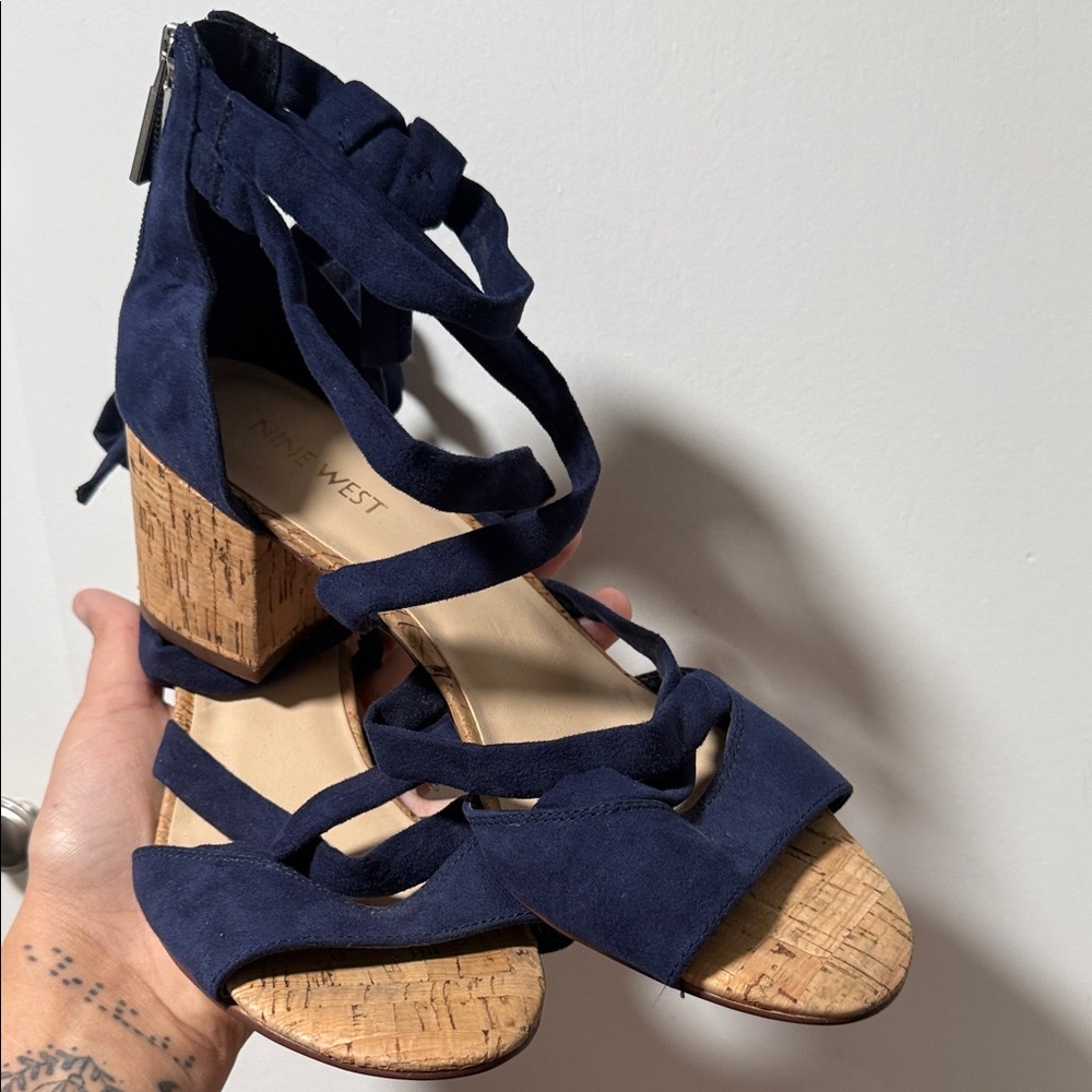 Nine West Navy Strappy Sandals with Cork Heel